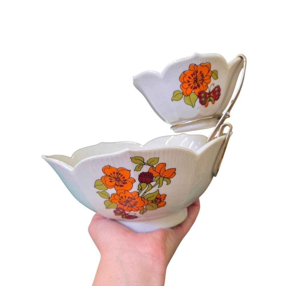 Vtg Lotus  Chip and Dip Vintage Ceramic Set Floral 1970's Flowers Butterfly